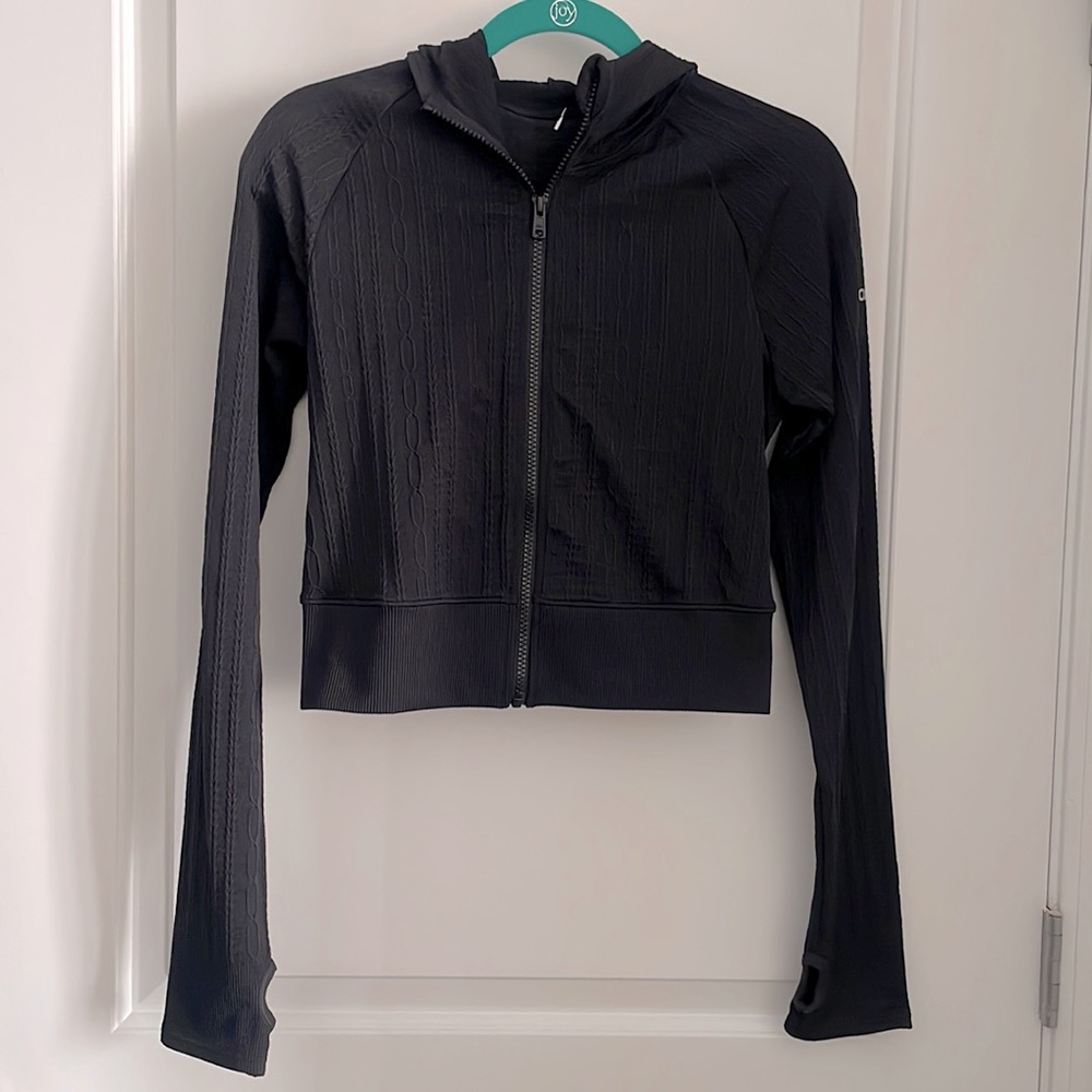 Alo Black Cropped Zip Up Hoodie